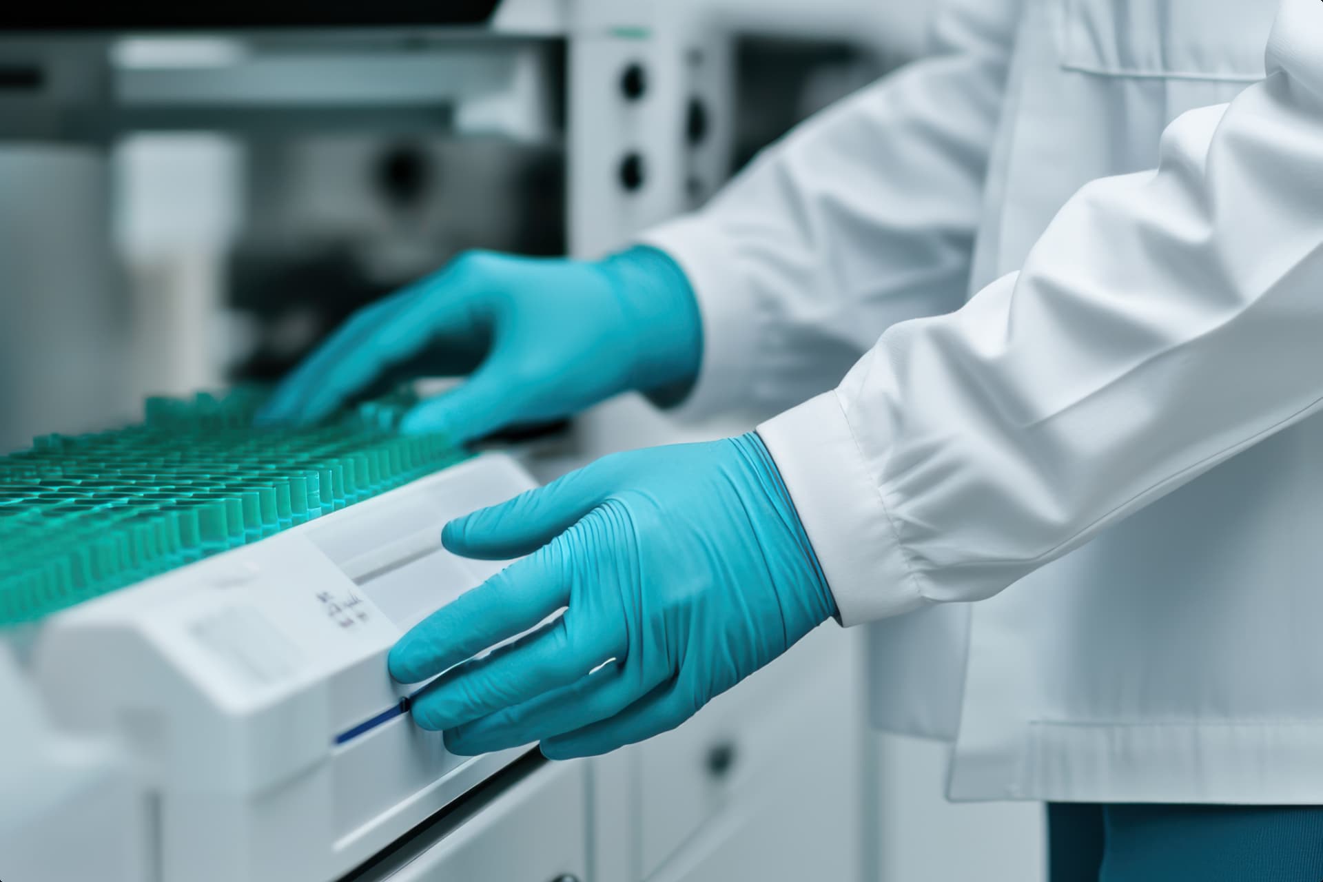 A laboratory technician wearing blue gloves and a white lab coat operates an automated analyzer, handling test tubes in a diagnostic or research setting.
